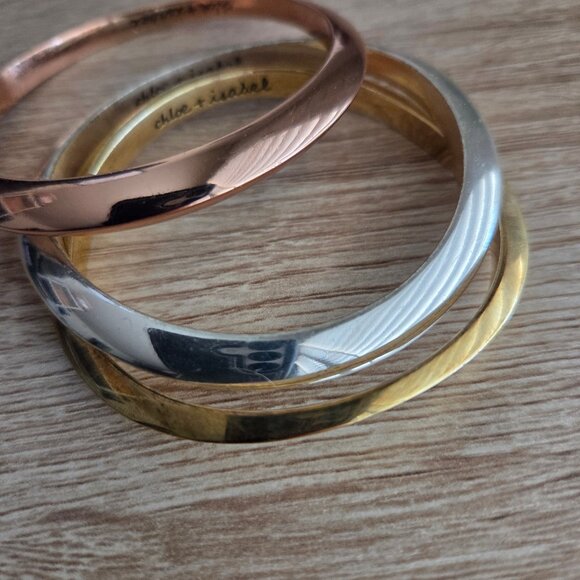 Chloe + Isabel Bangle Set 3 Piece Tri-Tone Three Bracelet Gold Rose Gold Silver - Picture 3 of 5